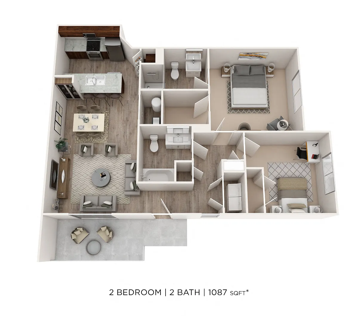 Floor plan Two Bedroom 2 Bath- 1087 sqft