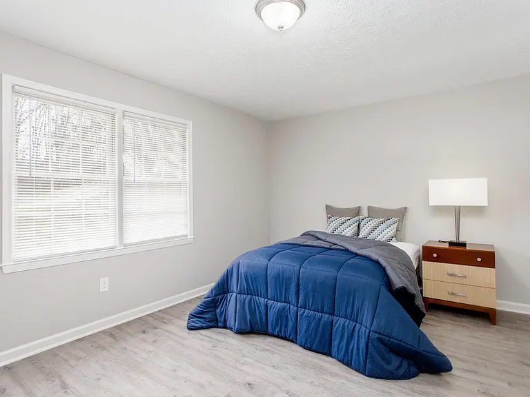 Large bedroom with dresser, nightstand and lamp.
