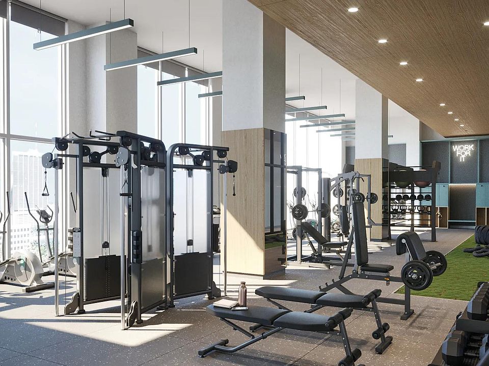 Club-quality fitness studio with TRX station accessible 24/7 at Modera Riverside in Miami, FL.
