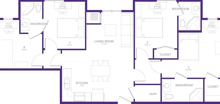 3 Bedroom x 4 Bathroom unit floorplan