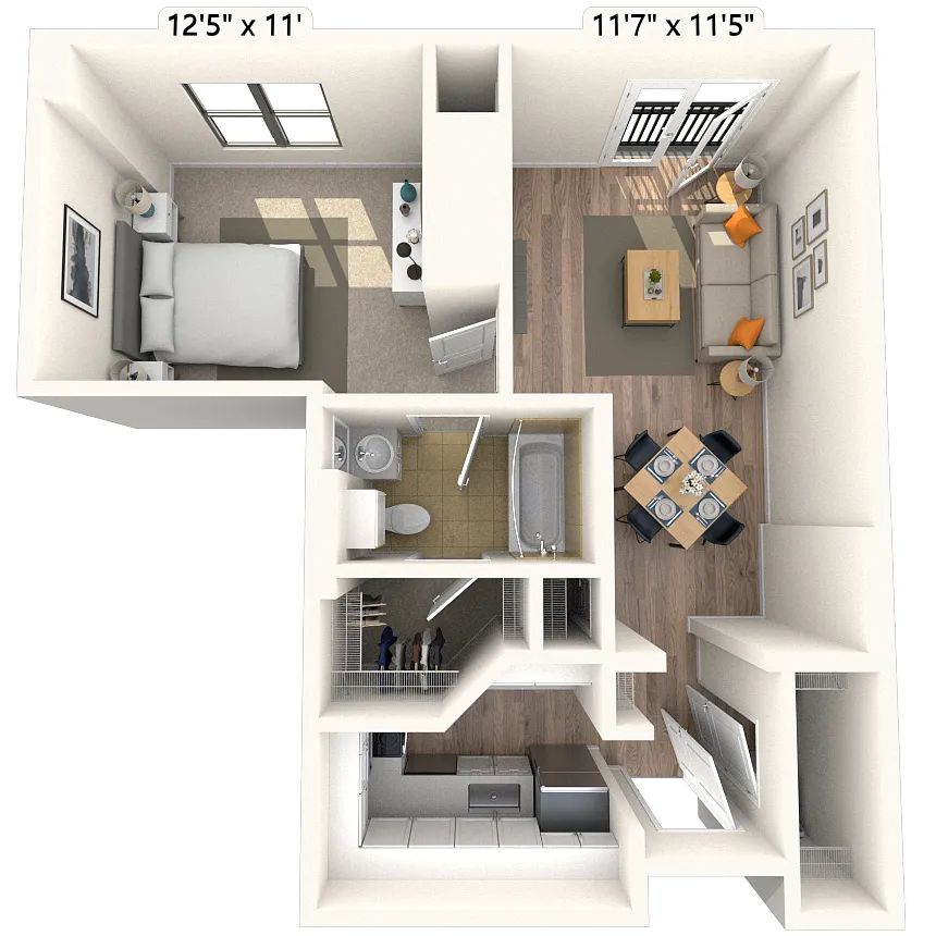 Floor plan Traditional 1x1 609-641 SF