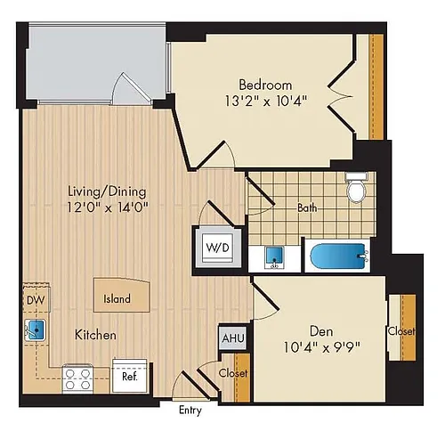 Floor plan 1 Bed 1 Bath Den-AD1a
