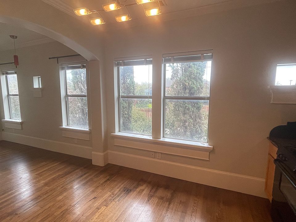 Wall of windows from the kitchen to the living room, overlooking mature trees and a quiet street.