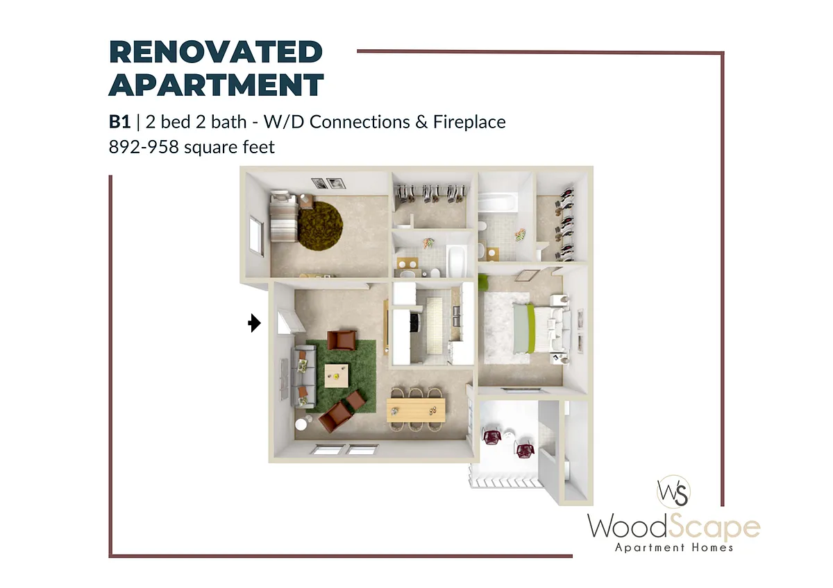 Floor plan B1 (W/D Connections and Fireplace) Renovated