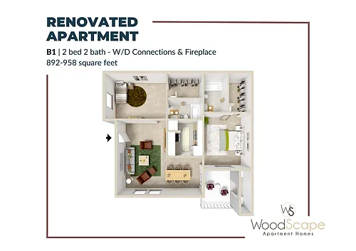 Floor plan B1 (W/D Connections and Fireplace) Renovated