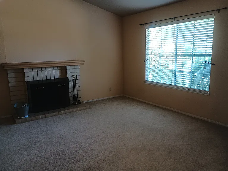 Living room 1st fireplace, fireplace tools and screen, window blinds / drapery