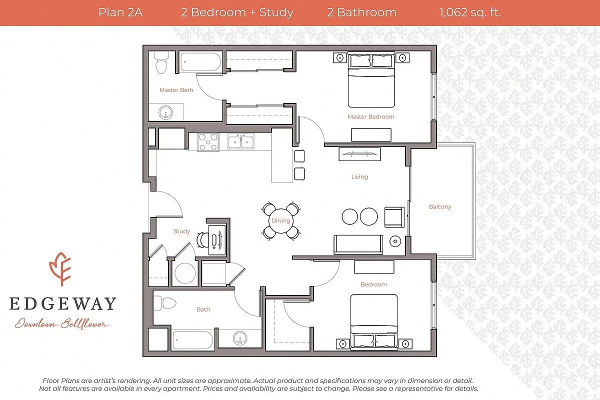 Floor plan Plan 2A - 2 Bedroom + Study, 2 Bath