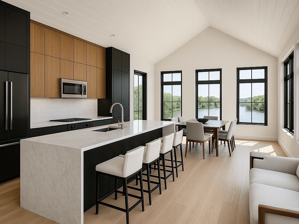 Artist rendering of top floor apartment with vaulted ceiling, modern kitchen, and breakfast bar