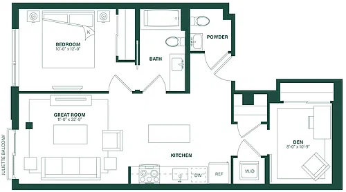 Floor plan 1 Bed/1.5 Bath Den-1P