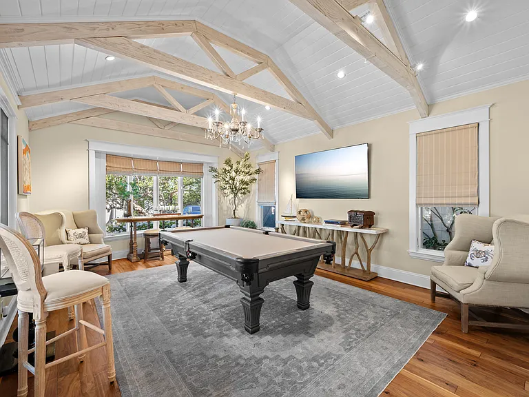 Large Formal Living Room or Game Room with beautiful wood beams and ceiling