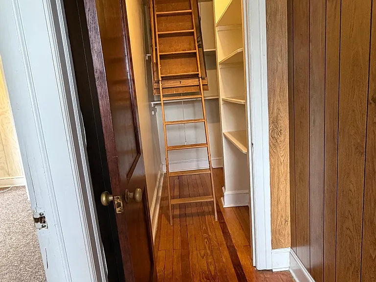 Hallway closet showing easy access to attic with stairs pulled down.
