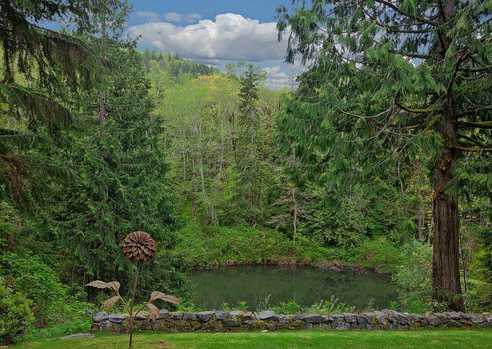 This is the rejuvenating view to the west from the deck.  The orange bridge and waterfall sounds are off behind the large Cedar on the right side of this view.  You’ll see portions of this view while eating breakfast or dinner, relaxing in the master bedroom, or entertaining in the living room, as well.