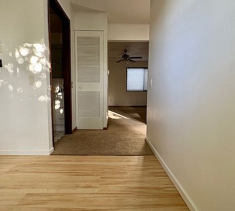 View into the hallway: bathroom on the left, storage pantry strait ahead, looking directly into the living room