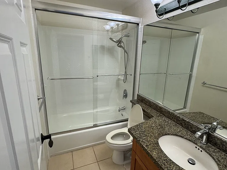 Second bathroom with new shower doors and sink faucet.