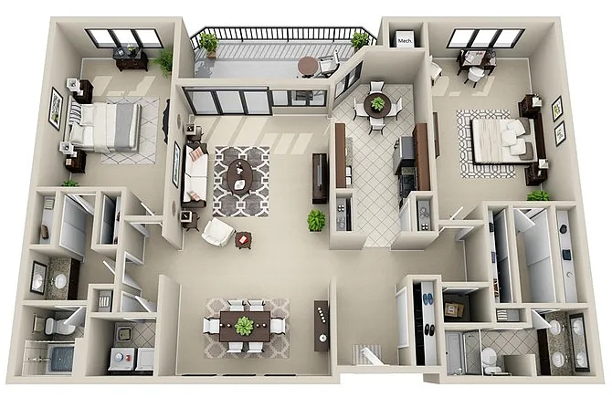 Floor plan 2 Bed 2 Bath Split (FS 3)
