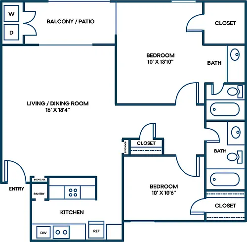 Floor plan 2 Bed | 2 Bath | 901 SQFT
