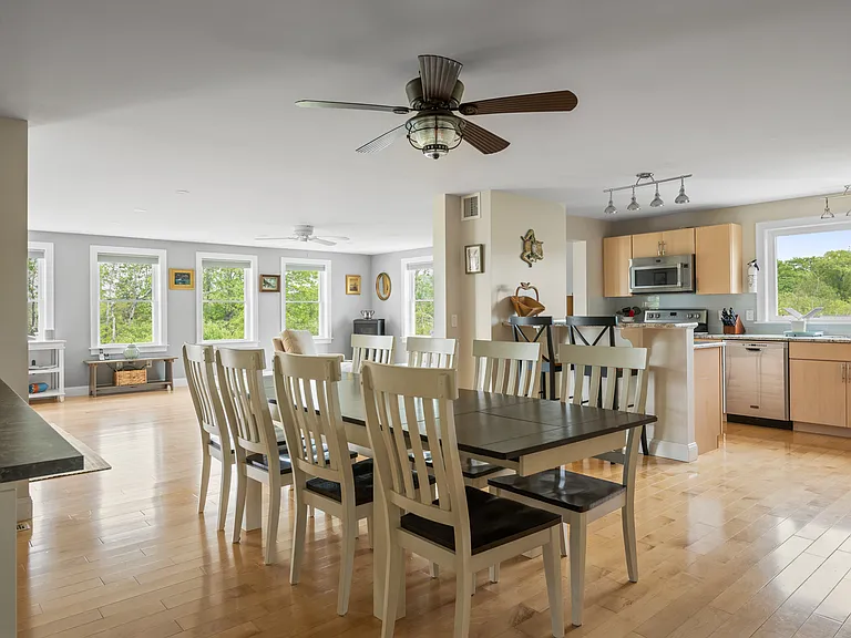 the kitchen and the open plan dining room