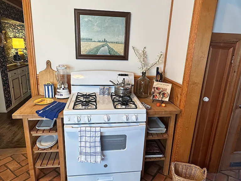 New gas oven and stove, vintage tea kettle