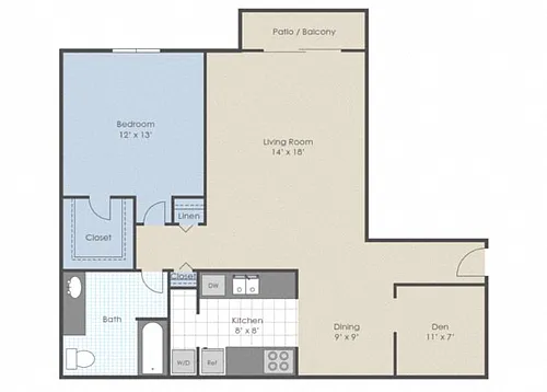 Floor plan 1 Bed 1 Bath + Den