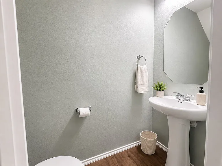 Pedestal sink with chrome faucet, octagonal wall-mounted mirror, and wood-finish flooring