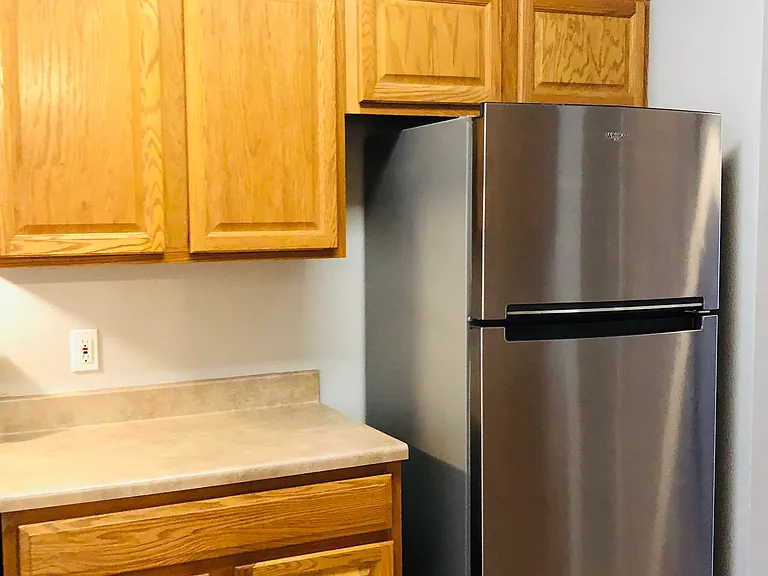 Includes stainless steel fridge.