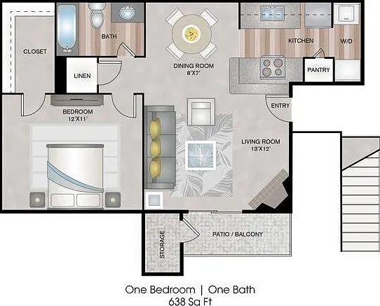 One Bedroom, 638 sqft, Patio/Balcony, Full-Size Washer Dryer Connections, Walk-in Closet, Additional Storage Unit, Fireplace in Second Floor Homes One Bedroom, 638 sqft, Patio/Balcony, Full-Size Washer Dryer Connections, Walk-in Closet, Additional Storage