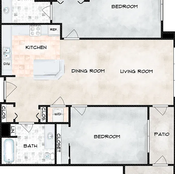 2 Bedroom 2 Bath B Floorplan Diagram