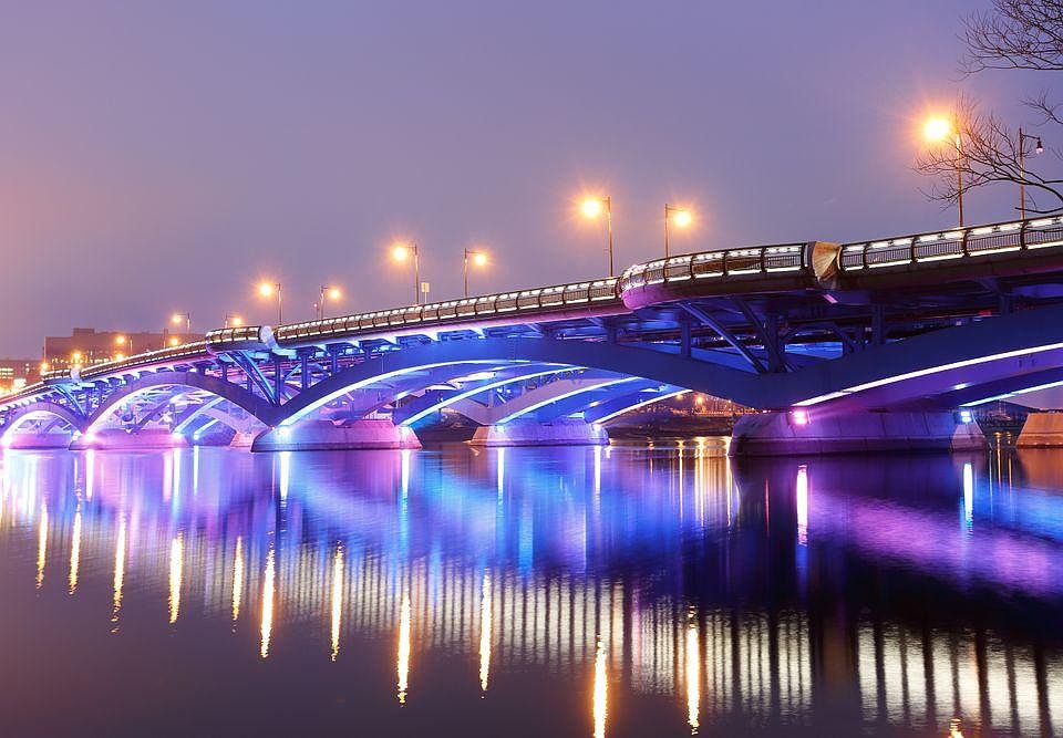 Lake Quinsig Bridge lit up at night (from the shrewsbury side).