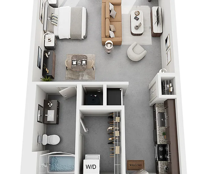 The Tesla Floor Plan | Studio with 1 Bath | 672 Square Feet | Cottonwood Westside | Apartment Homes The Tesla Floor Plan | Studio with 1 Bath | 672 Square Feet | Cottonwood Westside | Apartment Homes