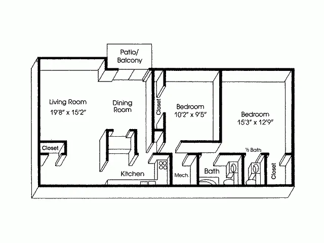 Floor plan 2 Bedroom, 1.5 Bath