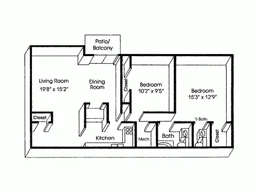 Floor plan 2 Bedroom, 1.5 Bath