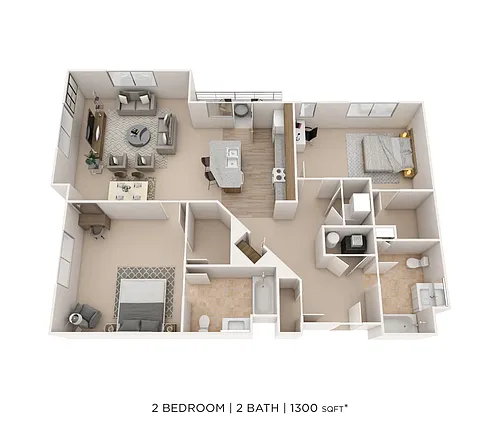 Floor plan Two Bedroom 2 Bath- 1300 sqft