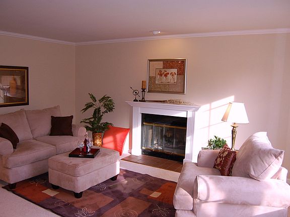 Living Room with Wood Burning Fireplace. 