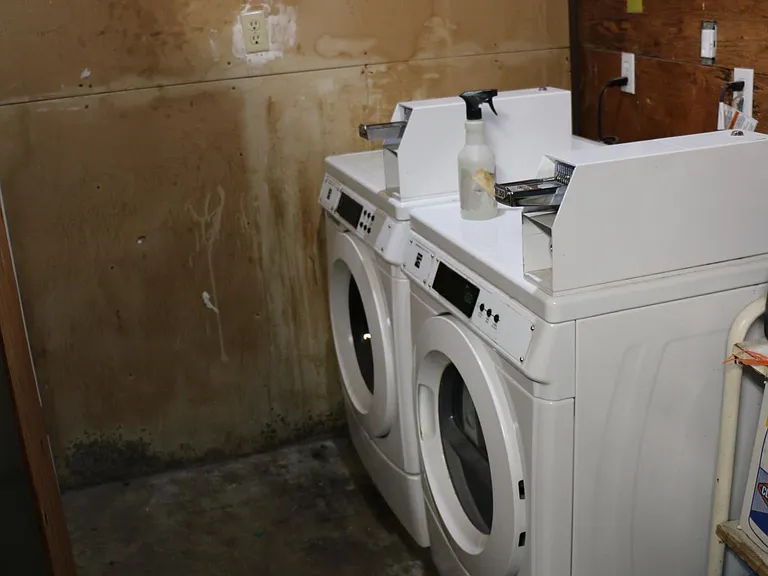 Coin operated laundry in garage.