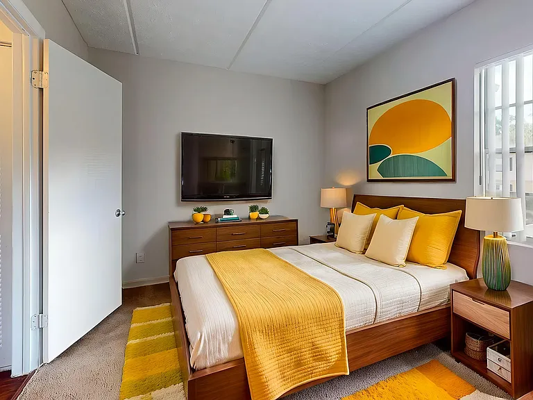 Bright and inviting bedroom with chic yellow accents, modern furniture, and a large window for natural light.