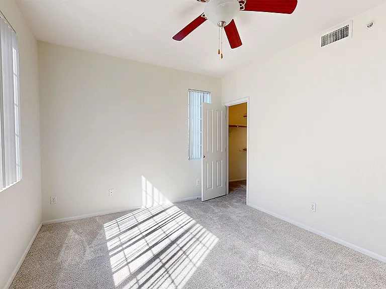 Spacious apartment bedroom with large closet and plush carpet flooring.