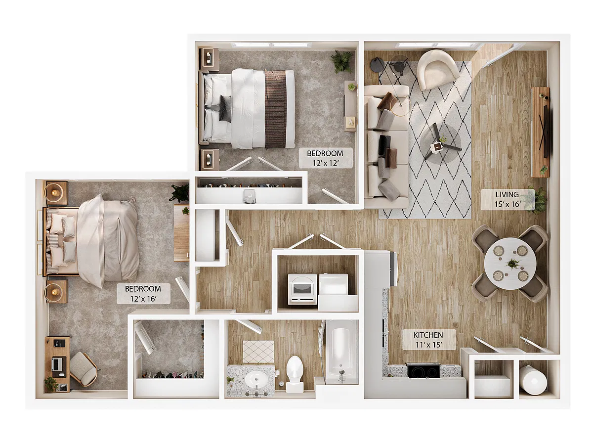 Floor plan 2-1BR Retreat Courtyard