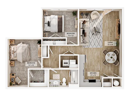Floor plan 2-1BR Retreat Courtyard