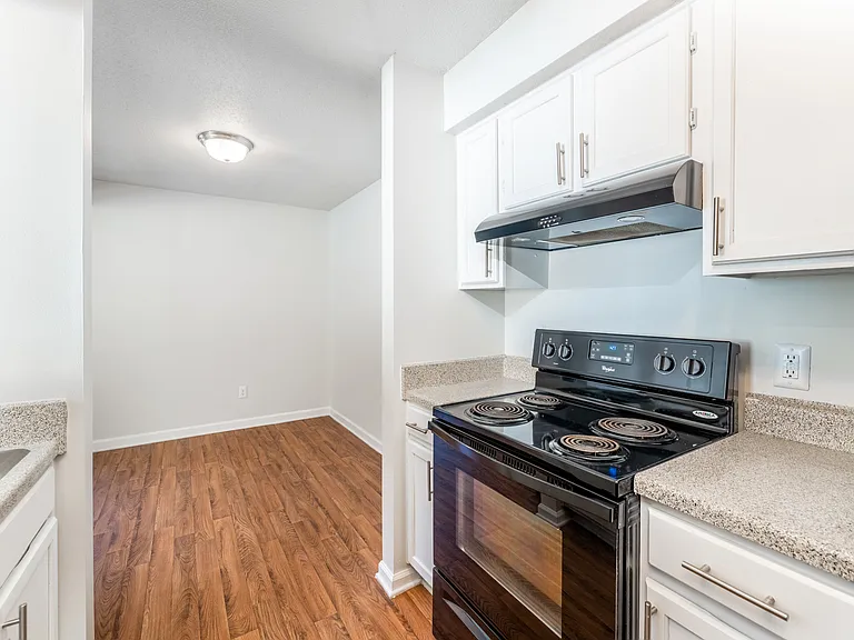 Kitchen with Black Appliances and White Shaker-Style Cabinets - Gold Interior