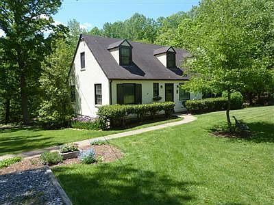 Landscaped yard surrounded by woods