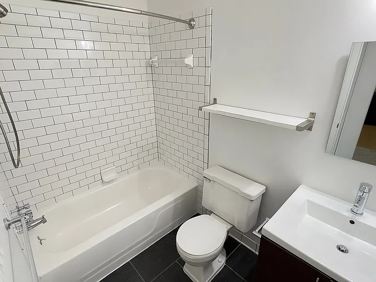 Newly remodeled upscale bath with wood plank flooring