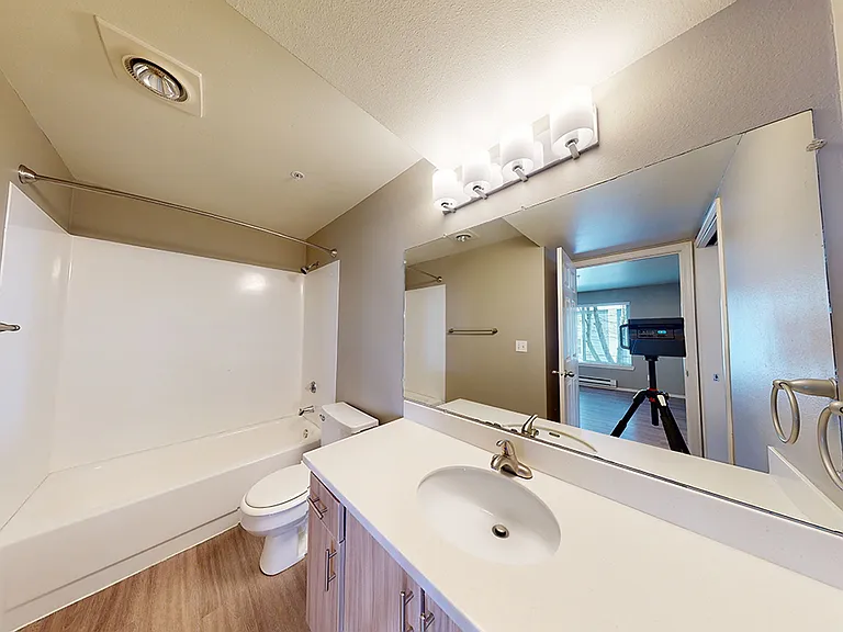 Apartment bathroom with wood-style flooring.