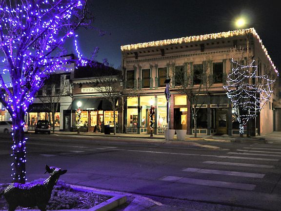 Winter scene of building decorated for Christmas
