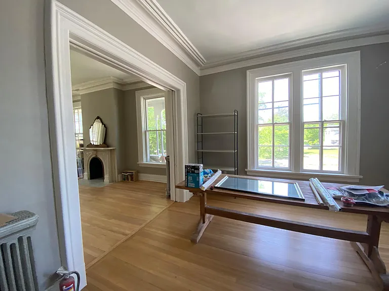 living room on left, kitchen at back, this is the view of the dining area.