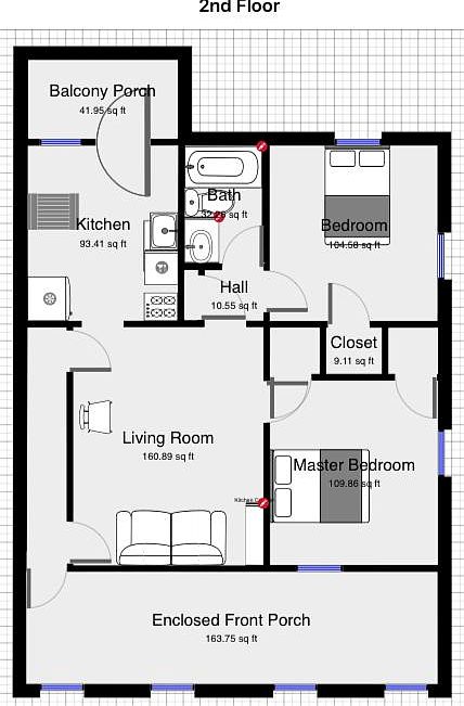 Apartment layout of 2nd floor (attic not shown, above living