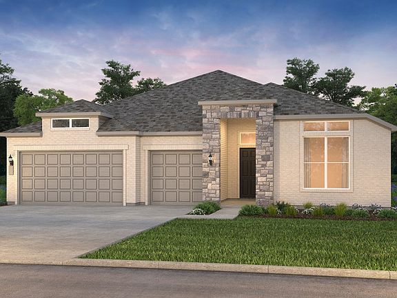The Renown, a one-story home with 3-car garage, shown with Home Exterior TR201