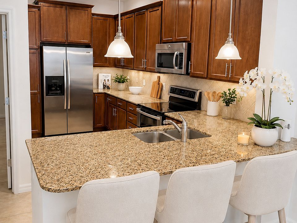 Kitchen with granite countertops.