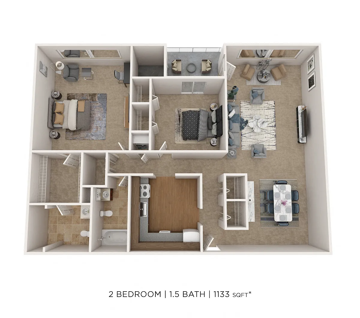 Floor plan Two Bedroom 1.5 Bath - 1,133 sqft