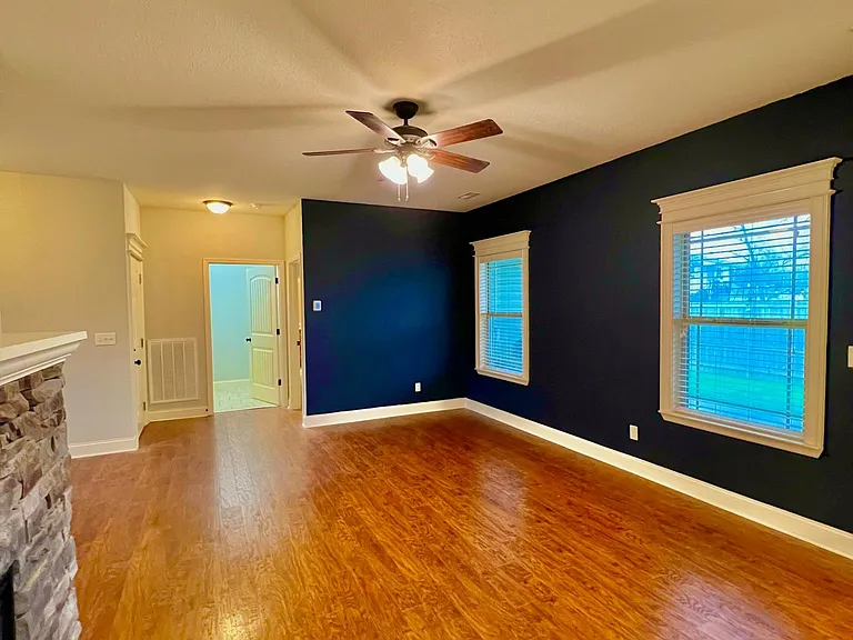 Living room with navy accent wall.