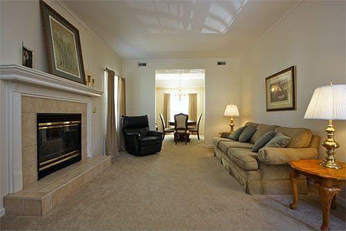 Fireplace in Living Room which leads into Dining Room